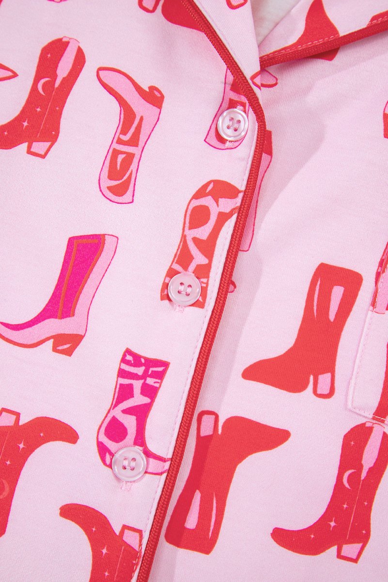 Pink Western Cowgirl Boots Printed Shirt Ruffled Shorts Set