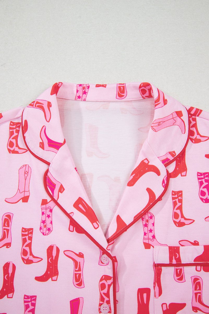 Pink Western Cowgirl Boots Printed Shirt Ruffled Shorts Set