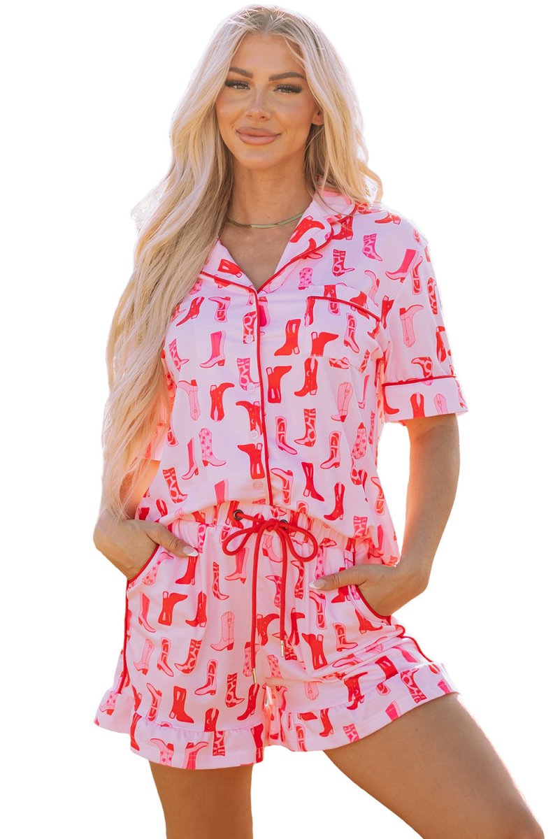 Pink Western Cowgirl Boots Printed Shirt Ruffled Shorts Set