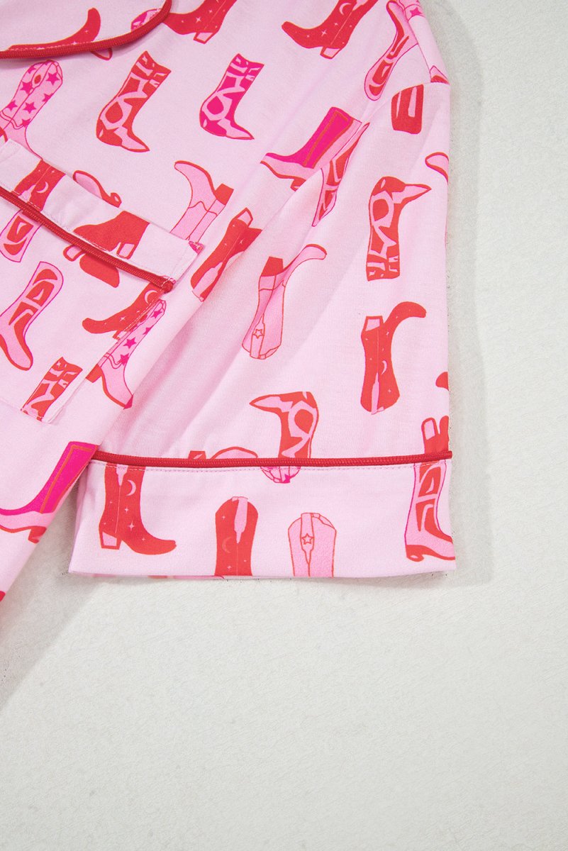 Pink Western Cowgirl Boots Printed Shirt Ruffled Shorts Set