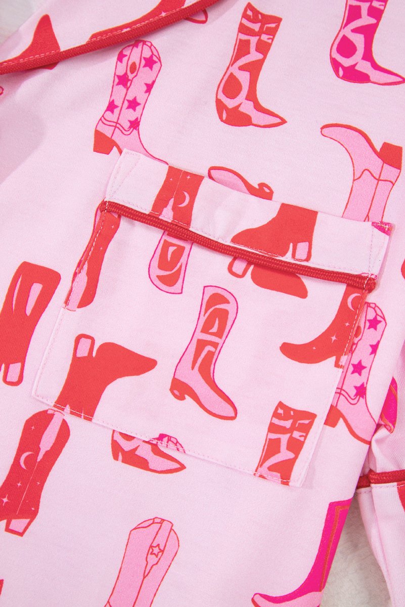 Pink Western Cowgirl Boots Printed Shirt Ruffled Shorts Set
