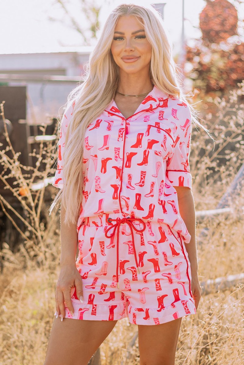 Pink Western Cowgirl Boots Printed Shirt Ruffled Shorts Set