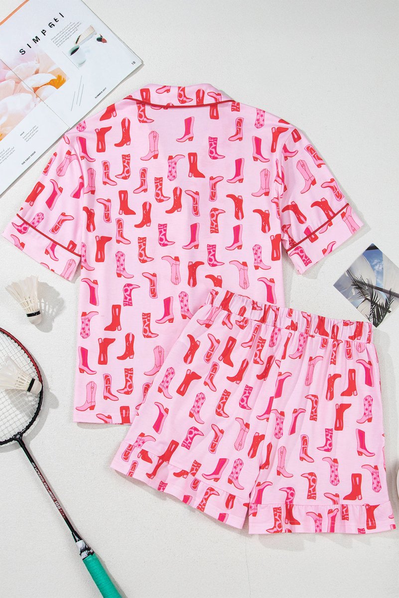 Pink Western Cowgirl Boots Printed Shirt Ruffled Shorts Set