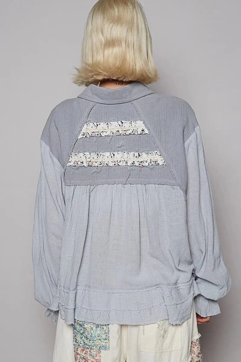 POL Button Down Floral Trim Ruffle Washed Shacket