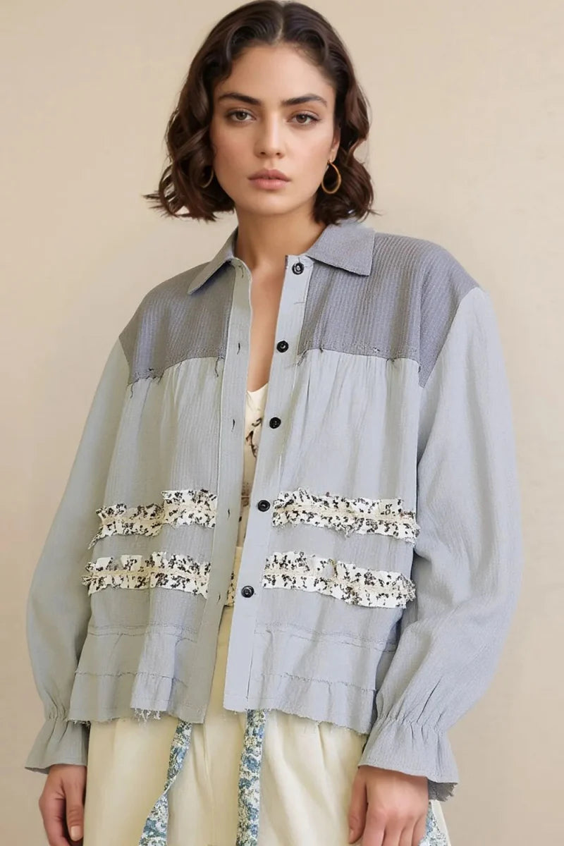 POL Button Down Floral Trim Ruffle Washed Shacket