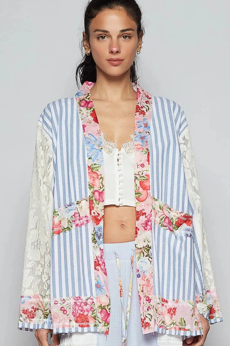 POL Lace Long Sleeve Striped Cardigan with Floral Patchwork Detail