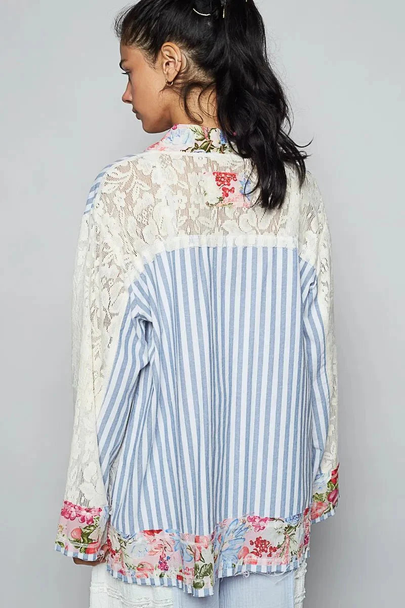 POL Lace Long Sleeve Striped Cardigan with Floral Patchwork Detail