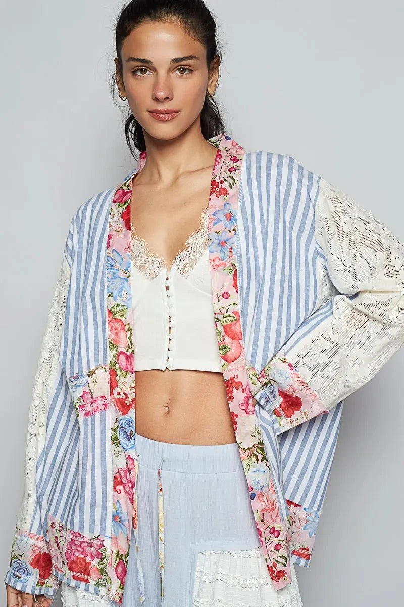 POL Lace Long Sleeve Striped Cardigan with Floral Patchwork Detail