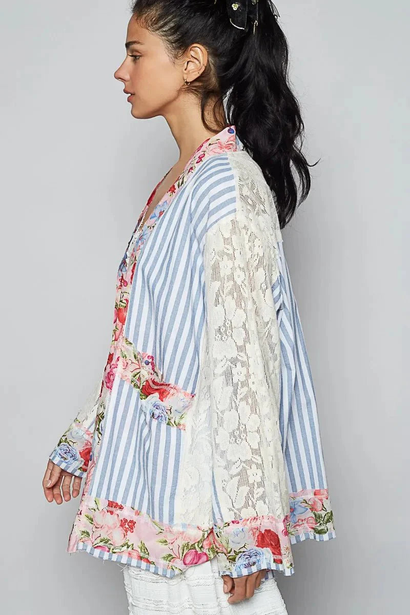 POL Lace Long Sleeve Striped Cardigan with Floral Patchwork Detail