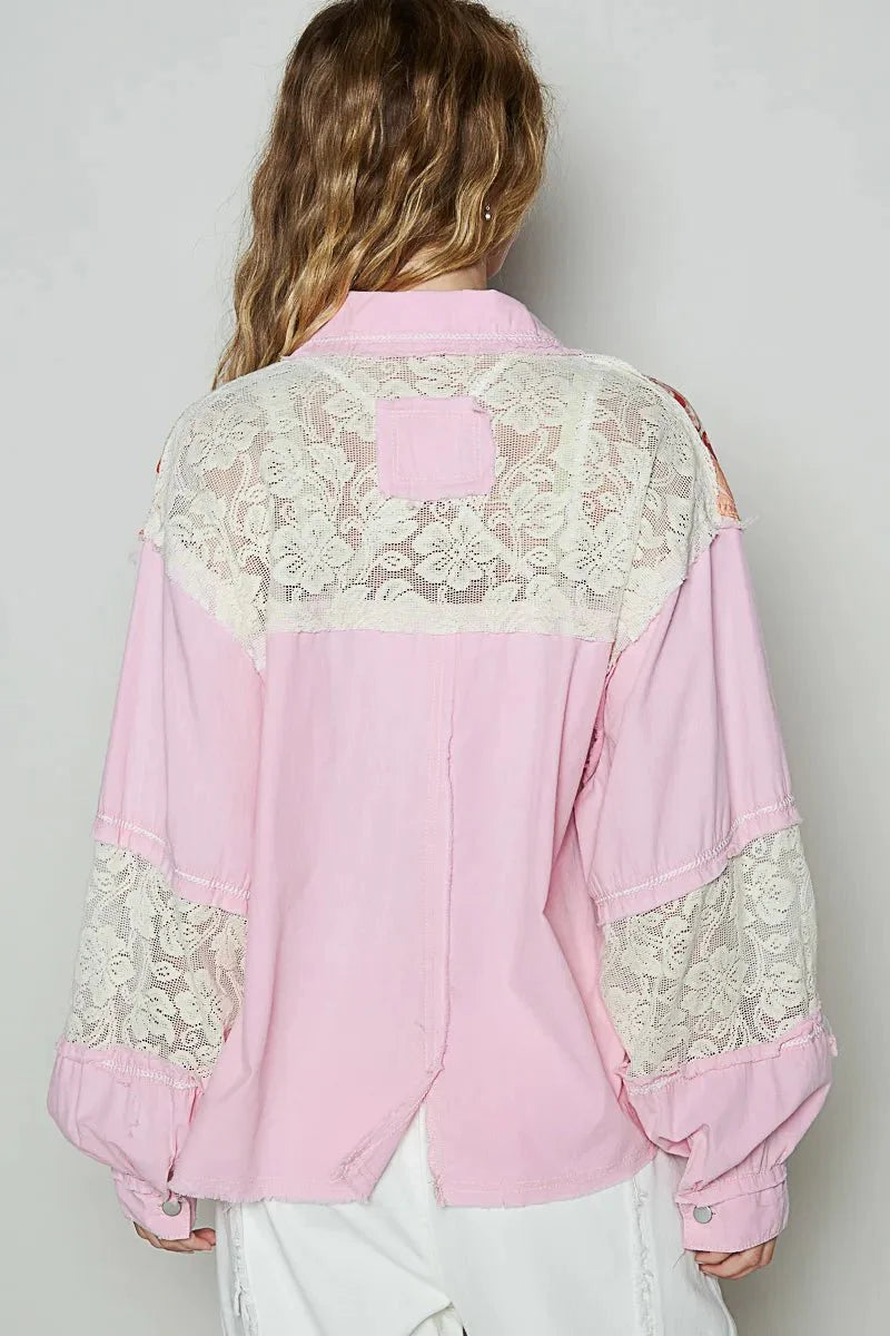 POL Printed Woven Mix Raw Hem Jacket with Lace Detail