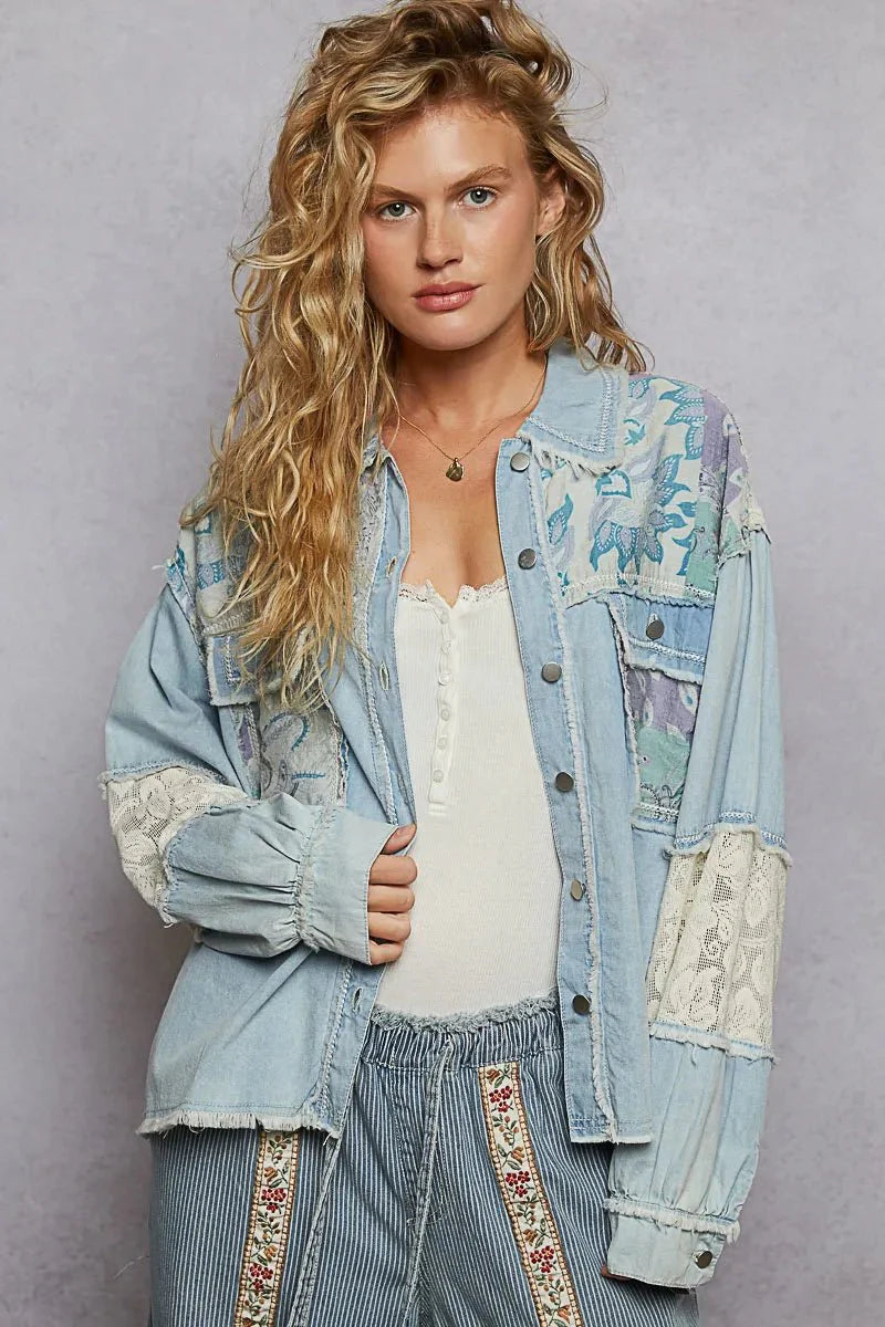 POL Printed Woven Mix Raw Hem Jacket with Lace Detail