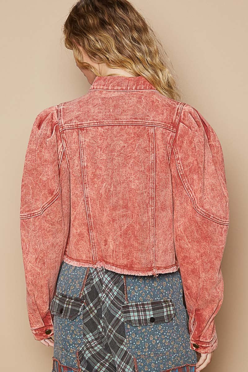 Premium POL Raw Hem Button Up Cropped Denim Jacket for Women