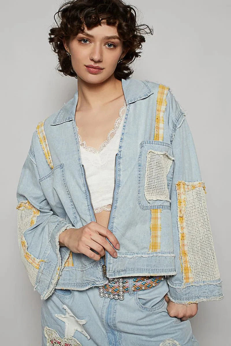 POL Raw Hem Zip Up Denim Jacket with Plaid and Crochet Patch