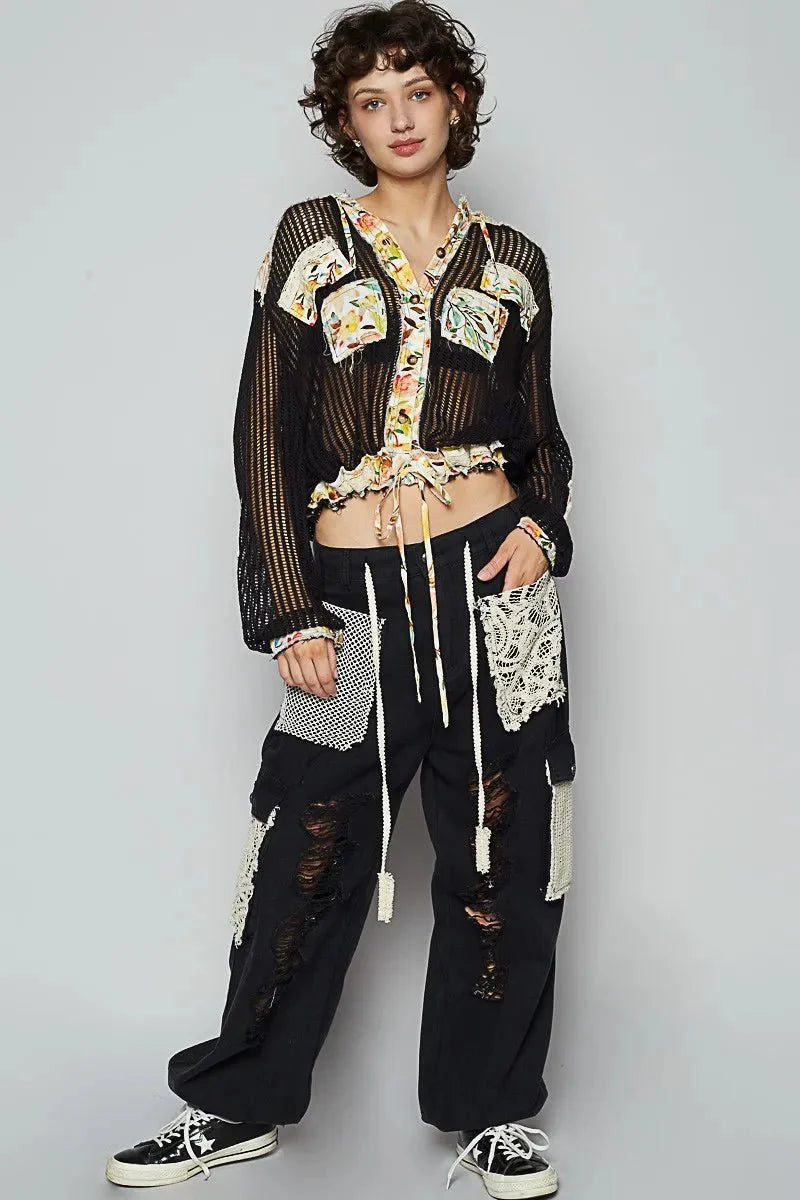 POL Vintage Washed Crochet Hoodie Jacket With Patchwork