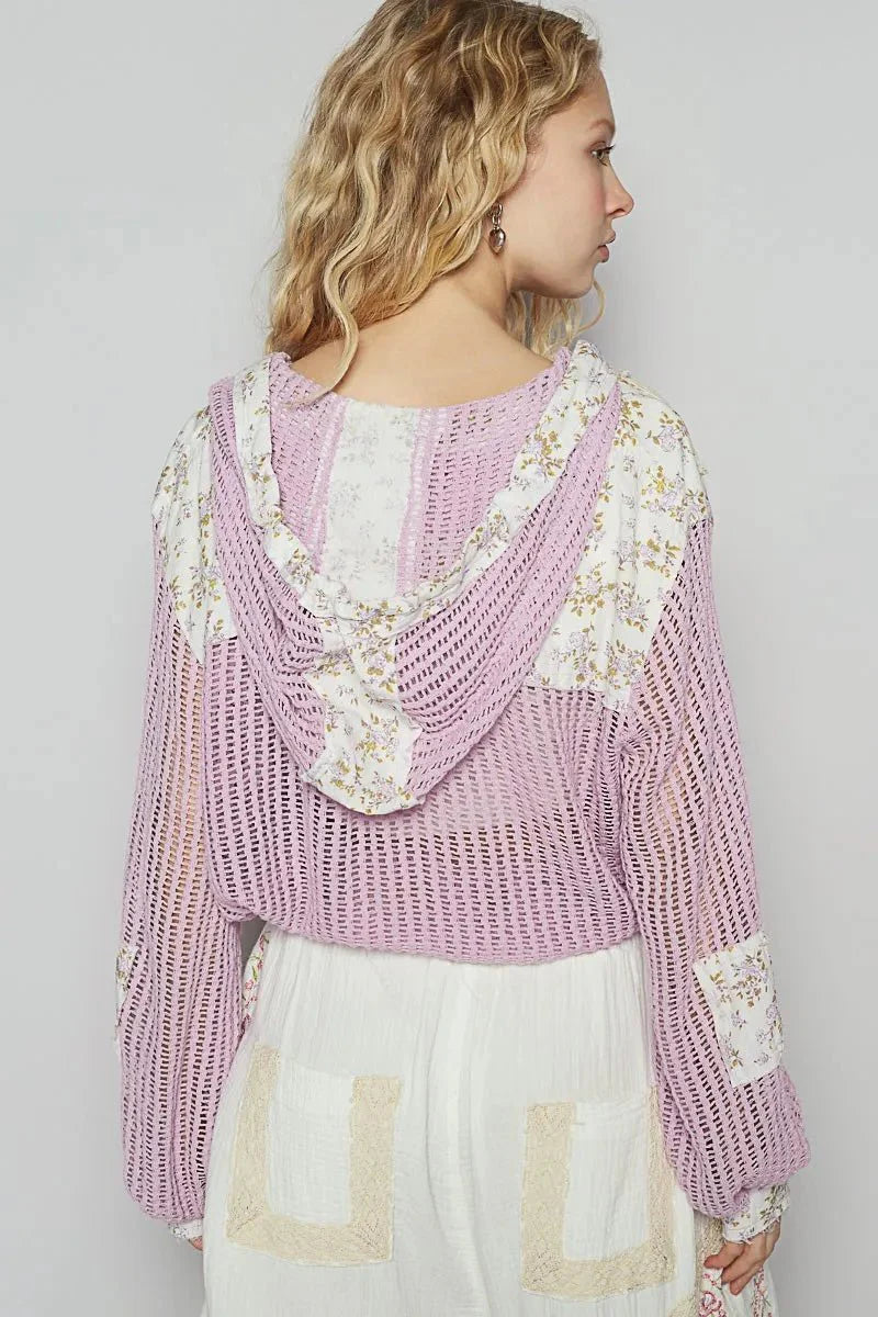 POL Vintage Washed Crochet Hoodie Jacket With Patchwork