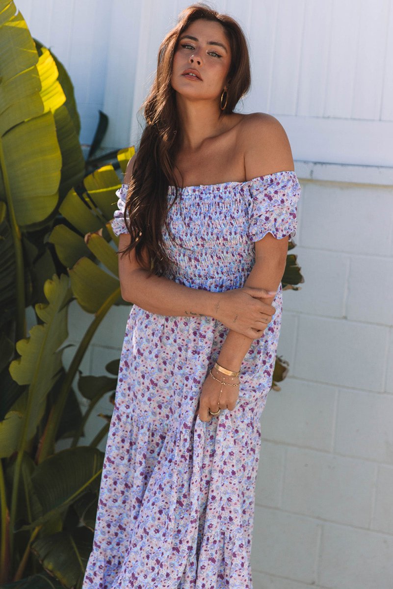 Purple Floral Short Bubble Sleeve Shirred High Waist Maxi Dress