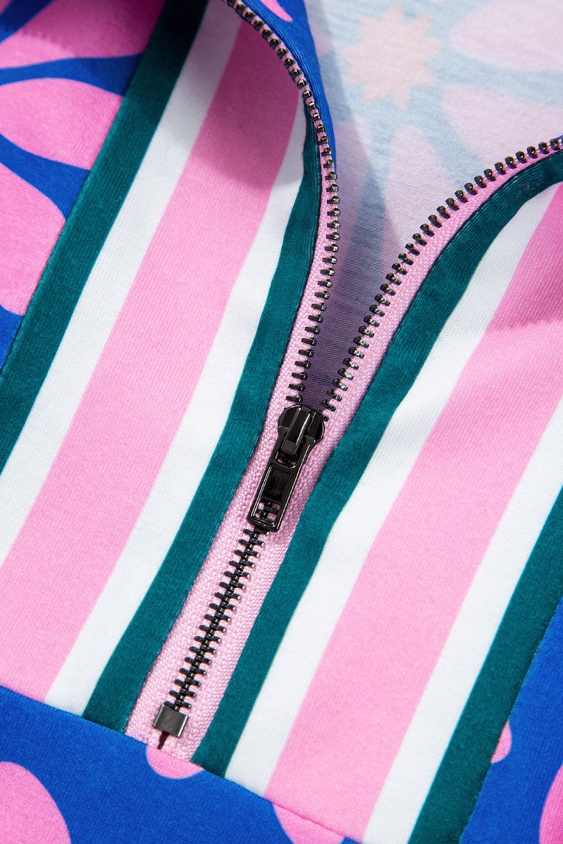 Purple Floral Striped Quarter Zip Cap Sleeve Drawstring Waist Mini Dress