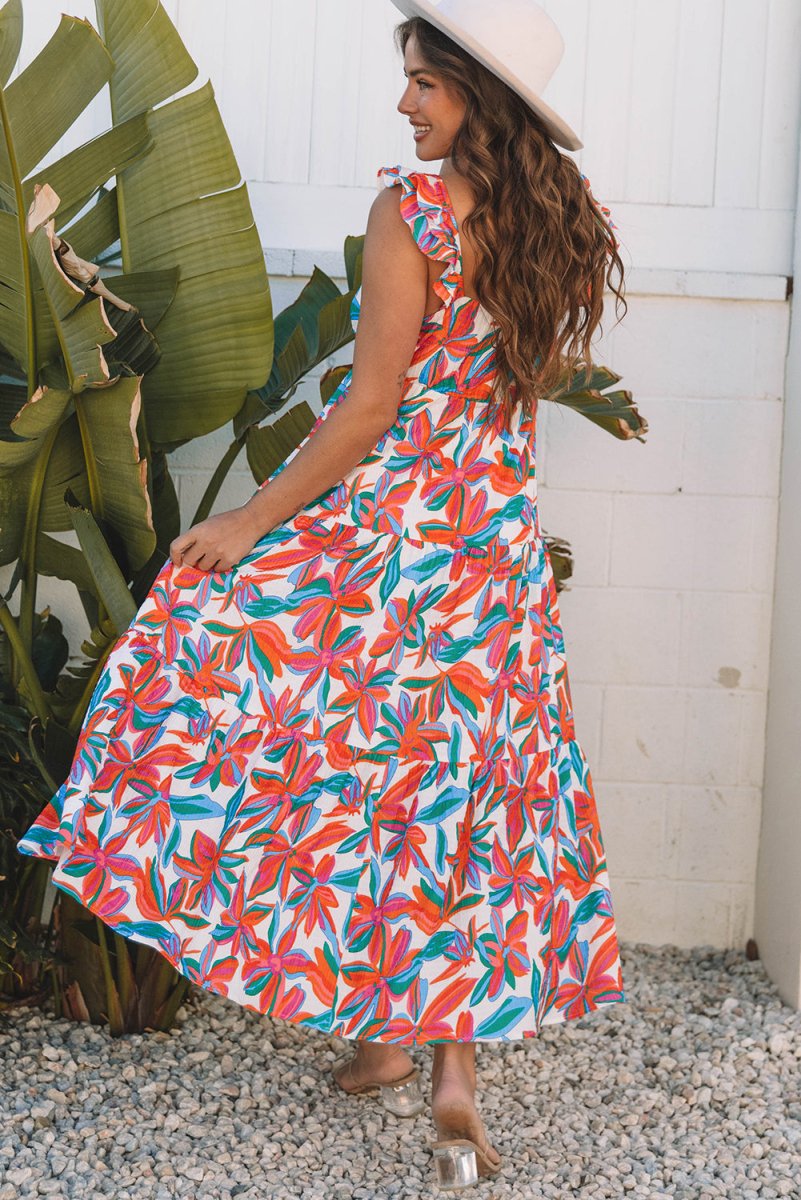 Red Boho Floral Ruffled Strap V Neck Maxi Dress for Summer and Beach