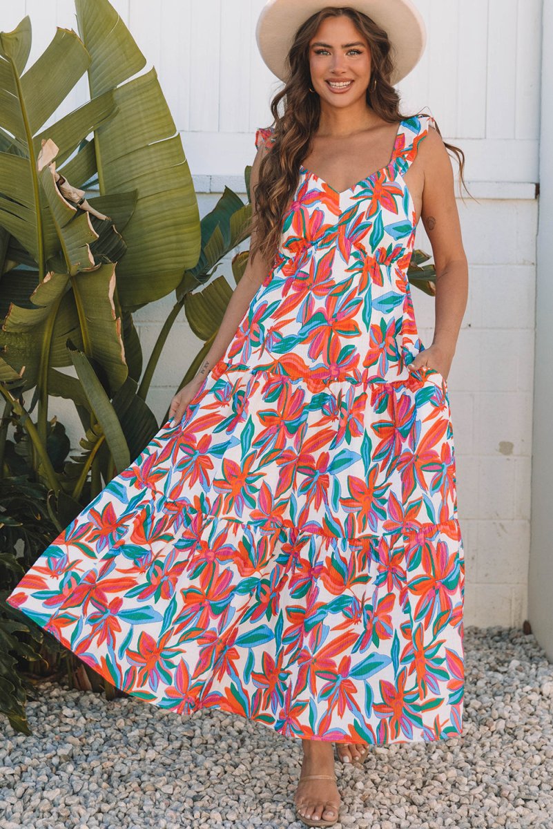 Red Boho Floral Ruffled Strap V Neck Maxi Dress for Summer and Beach