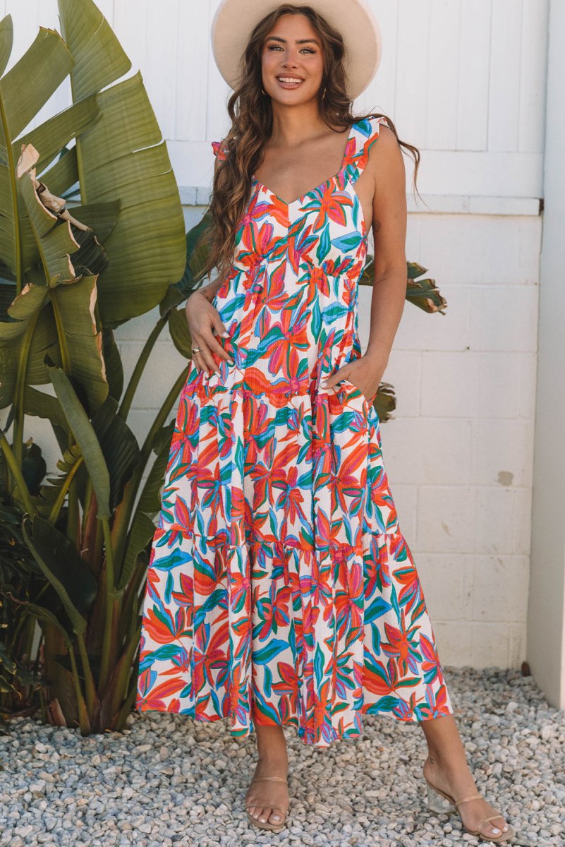 Red Boho Floral Ruffled Strap V Neck Maxi Dress for Summer and Beach