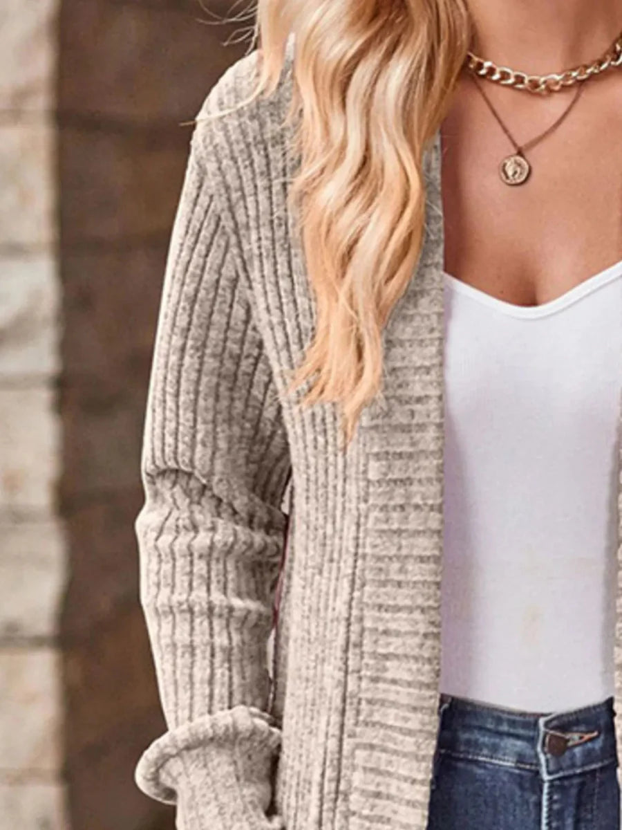 Ribbed Knit Open Front Cardigan with Pockets