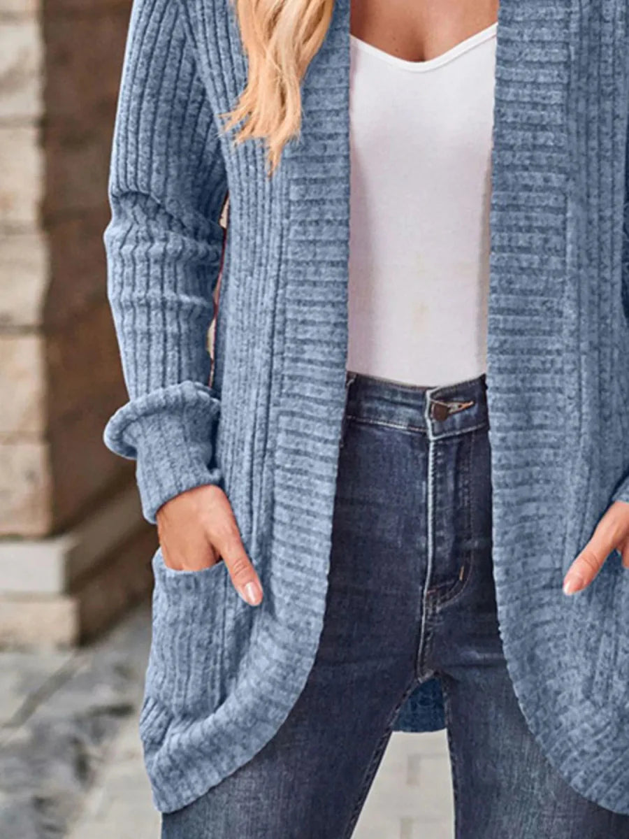 Ribbed Knit Open Front Cardigan with Pockets