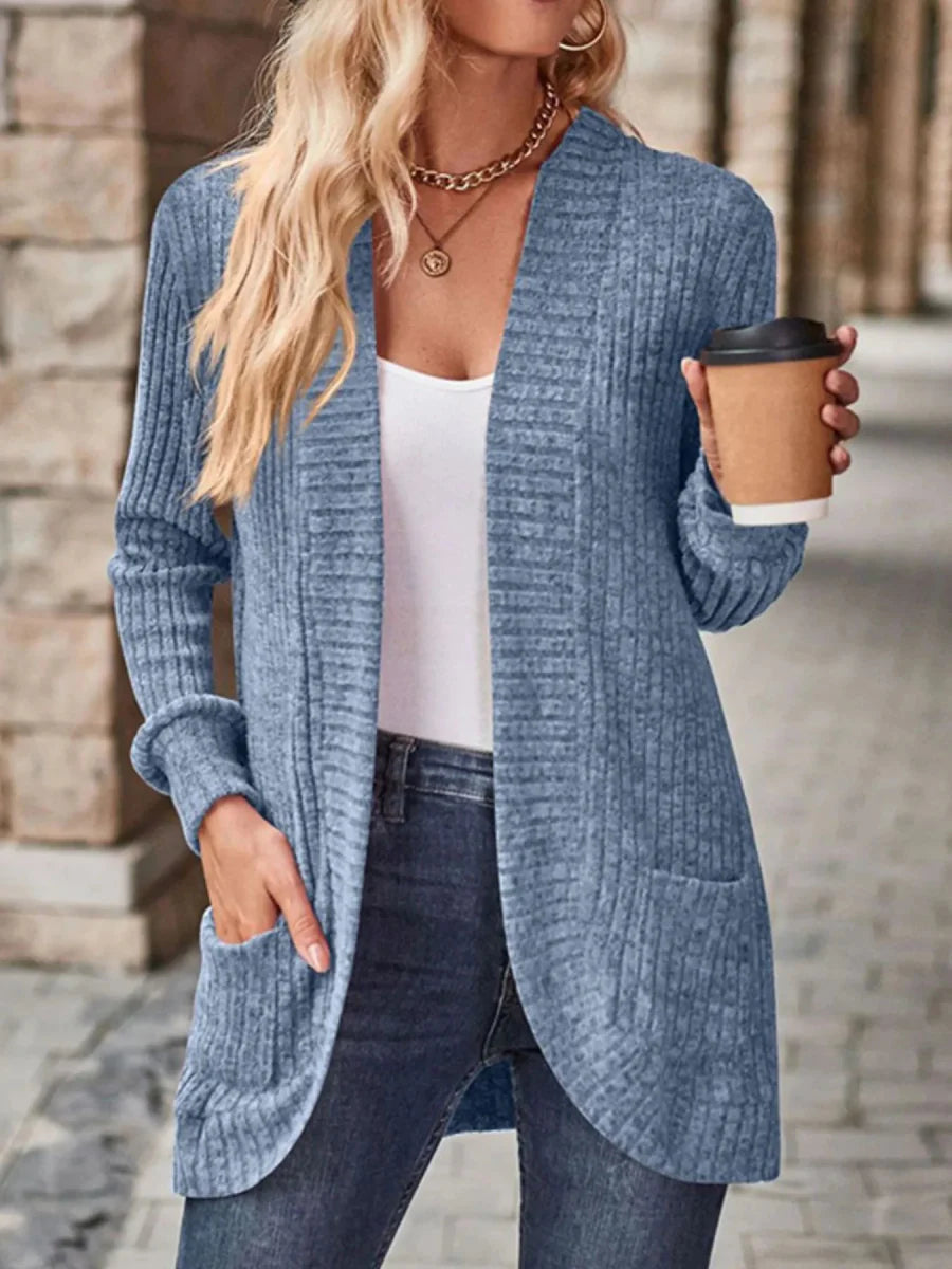 Ribbed Knit Open Front Cardigan with Pockets