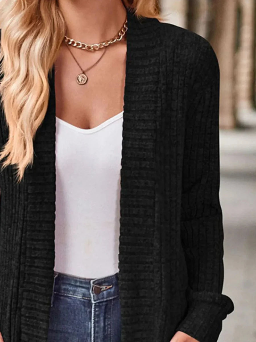 Ribbed Knit Open Front Cardigan with Pockets