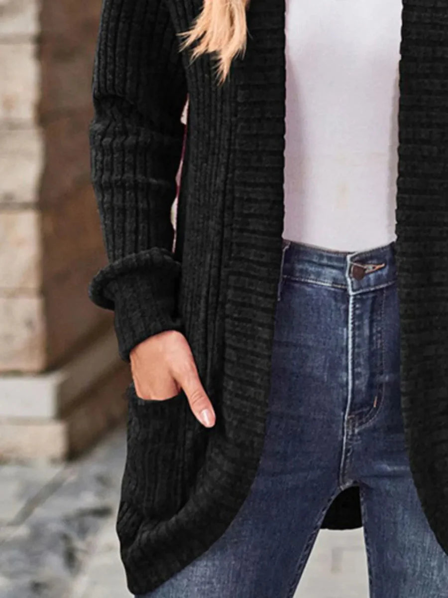 Ribbed Knit Open Front Cardigan with Pockets