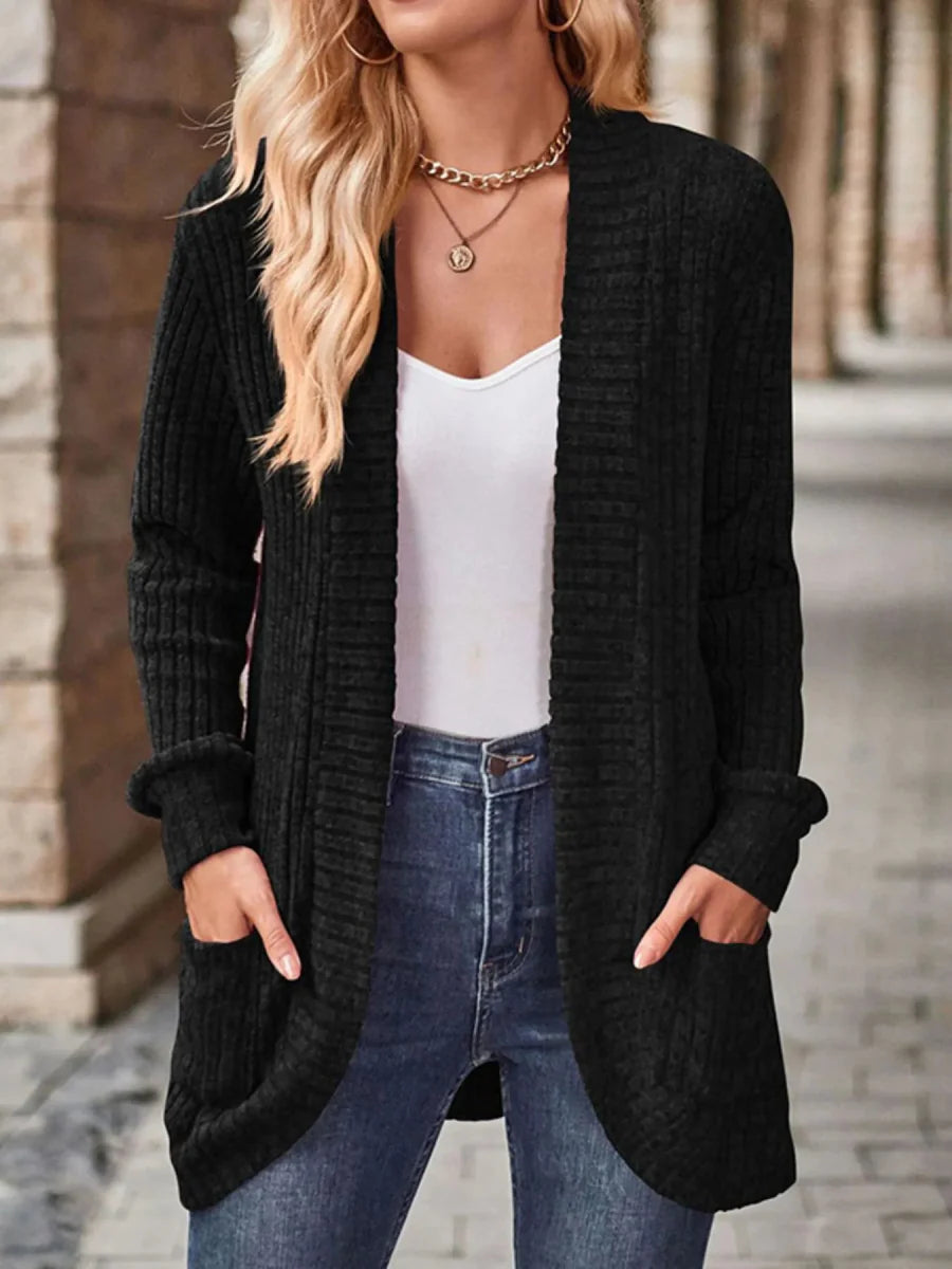 Ribbed Knit Open Front Cardigan with Pockets