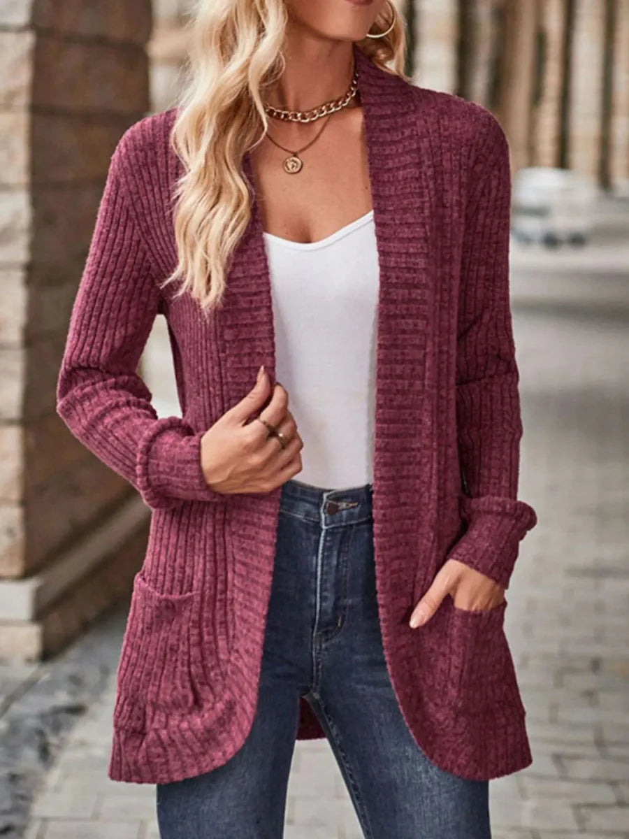 Ribbed Knit Open Front Cardigan with Pockets