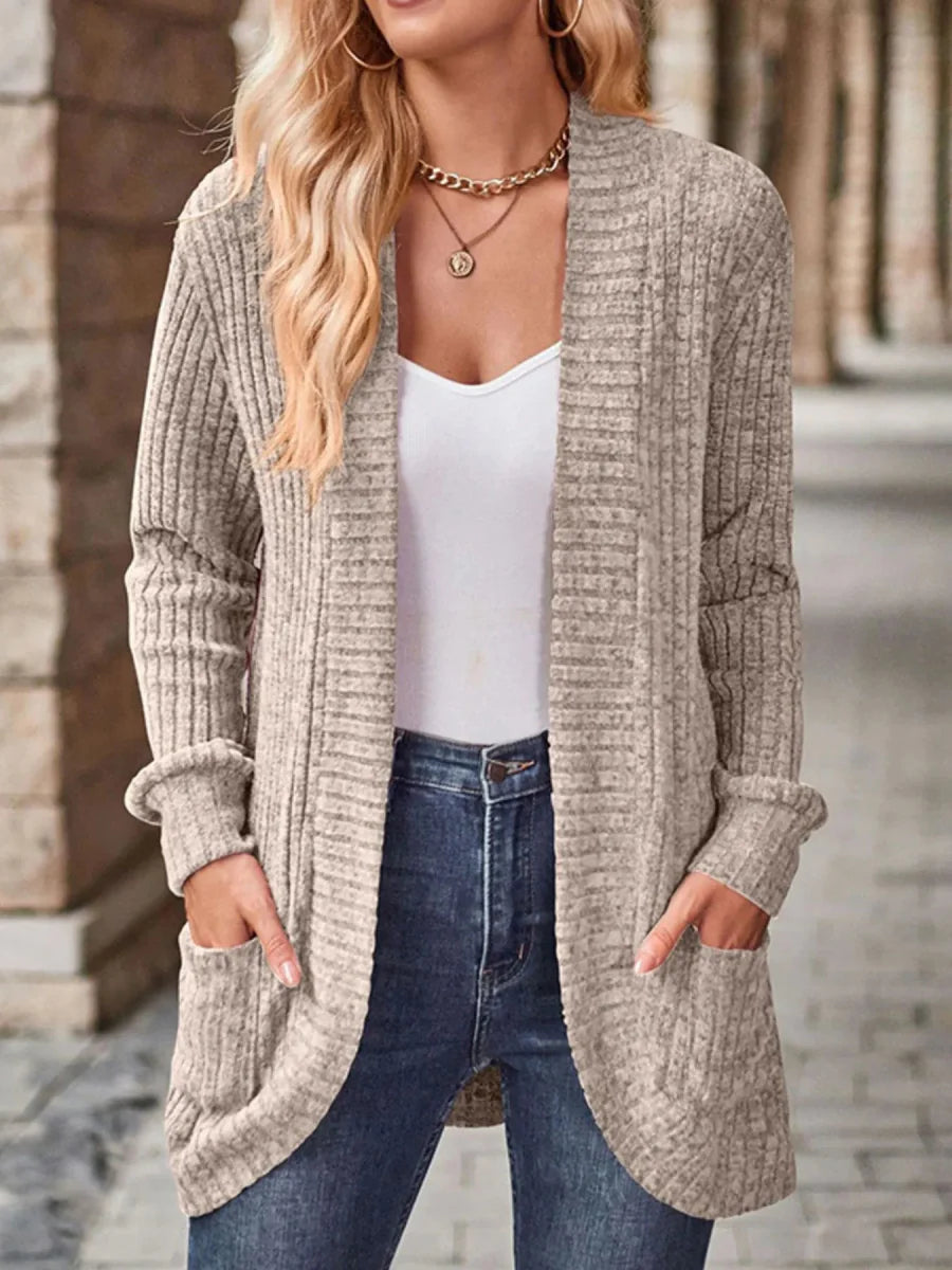 Ribbed Knit Open Front Cardigan with Pockets