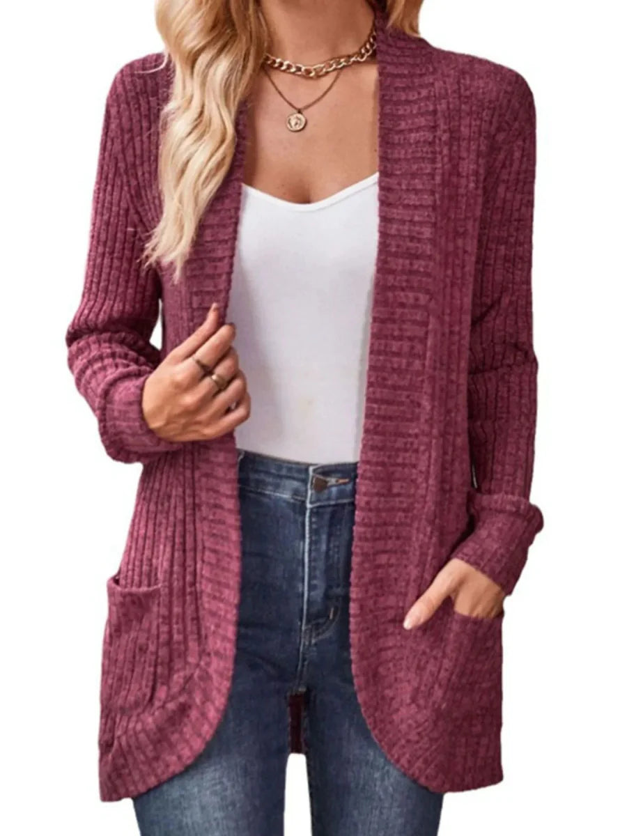 Ribbed Knit Open Front Cardigan with Pockets