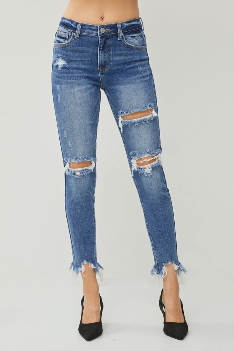 Premium RISEN Distressed Frayed Hem Slim Jeans for Trendy Style