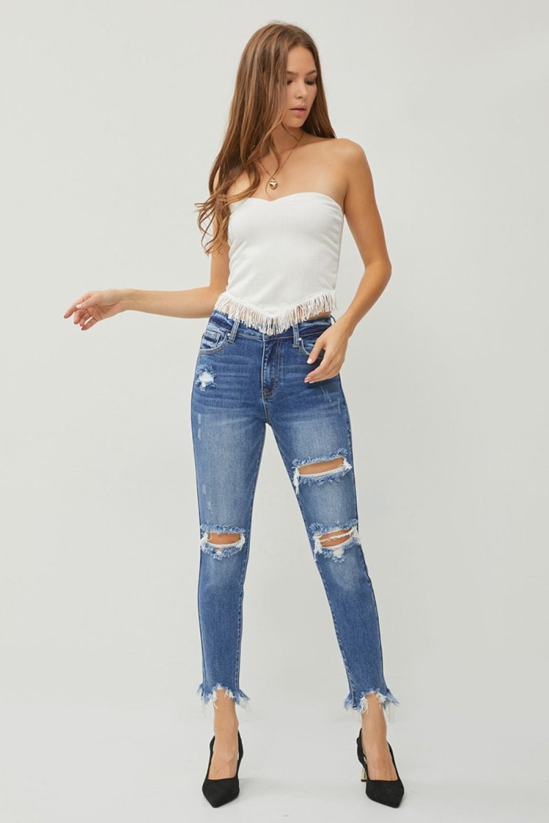 Premium RISEN Distressed Frayed Hem Slim Jeans for Trendy Style