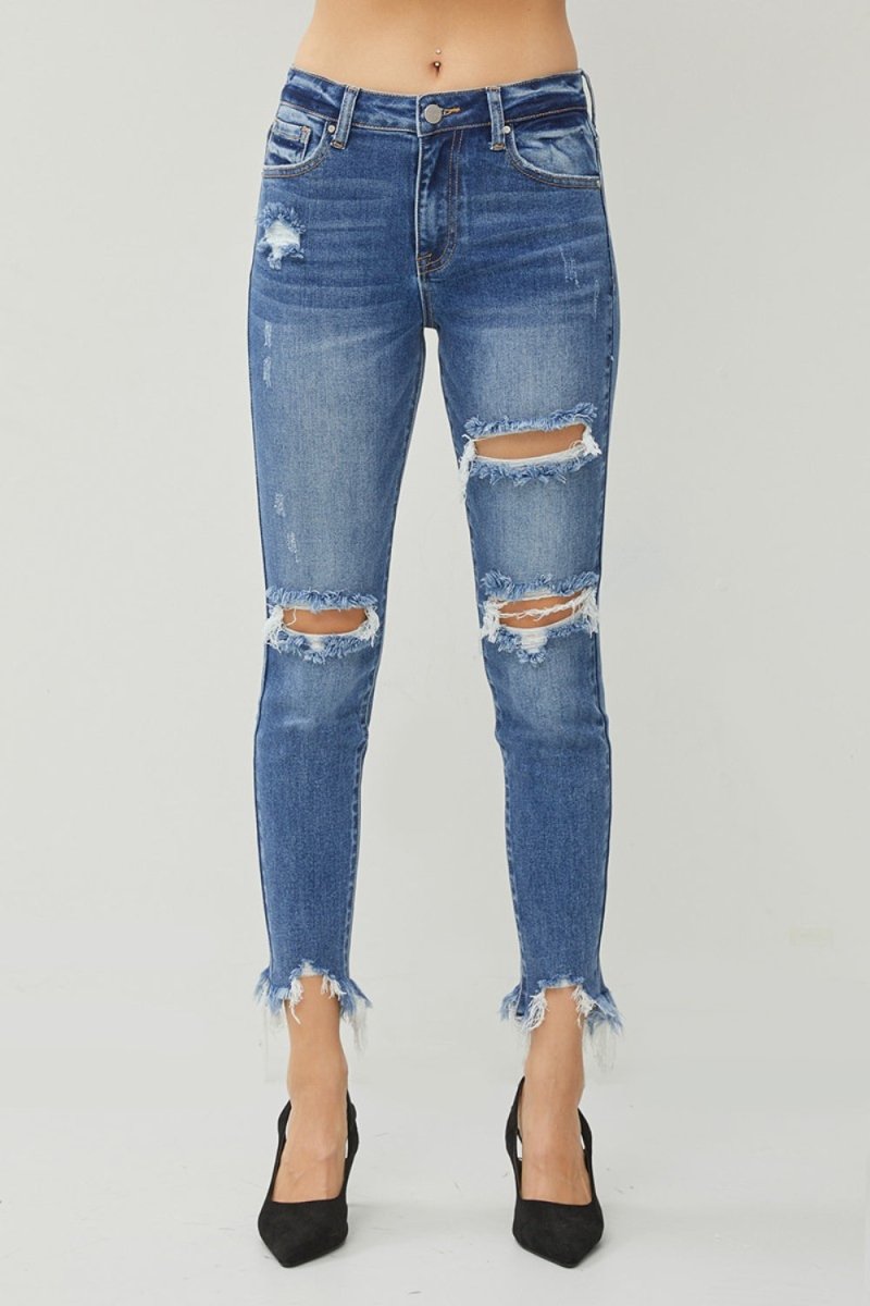 Premium RISEN Distressed Frayed Hem Slim Jeans for Trendy Style