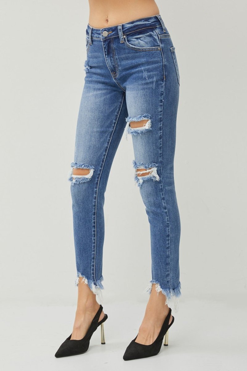 Premium RISEN Distressed Frayed Hem Slim Jeans for Trendy Style