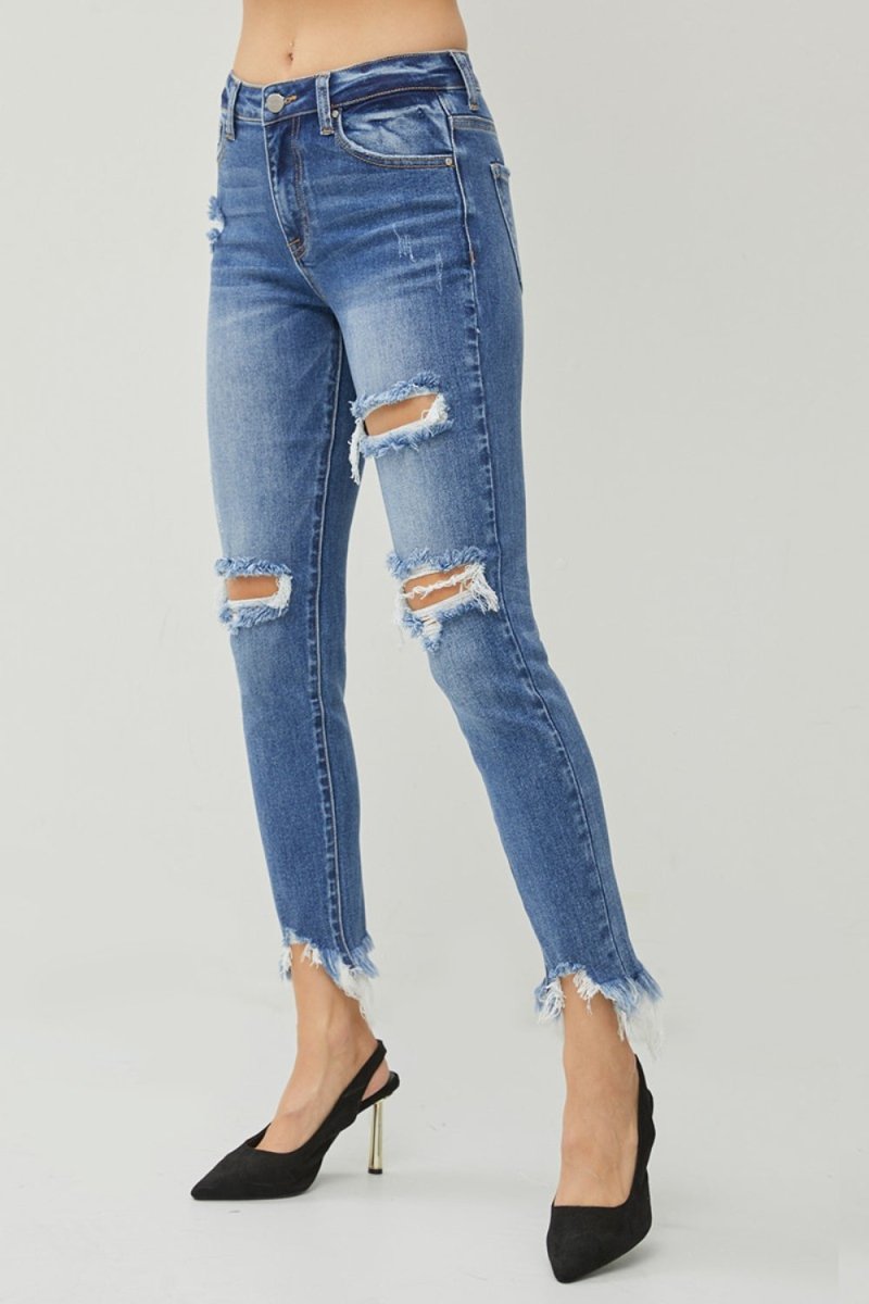 Premium RISEN Distressed Frayed Hem Slim Jeans for Trendy Style