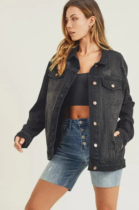 RISEN Full Size Distressed Long Sleeve Denim Jacket for Women