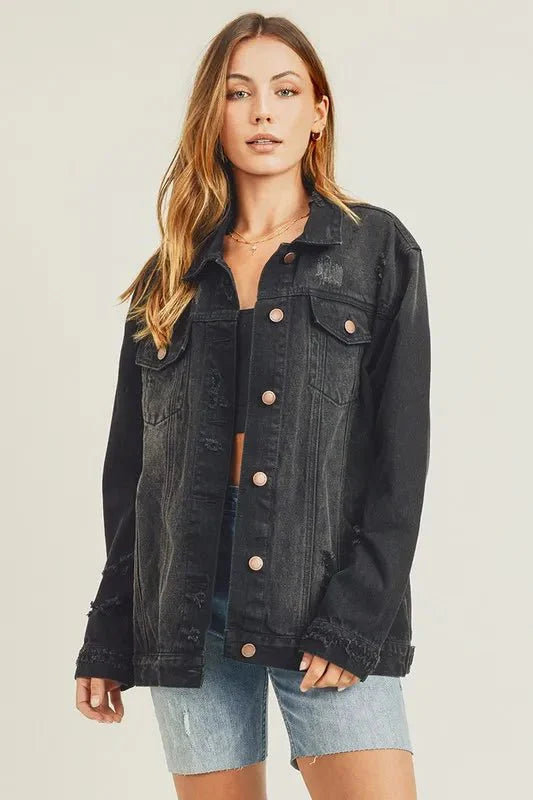RISEN Full Size Distressed Long Sleeve Denim Jacket for Women