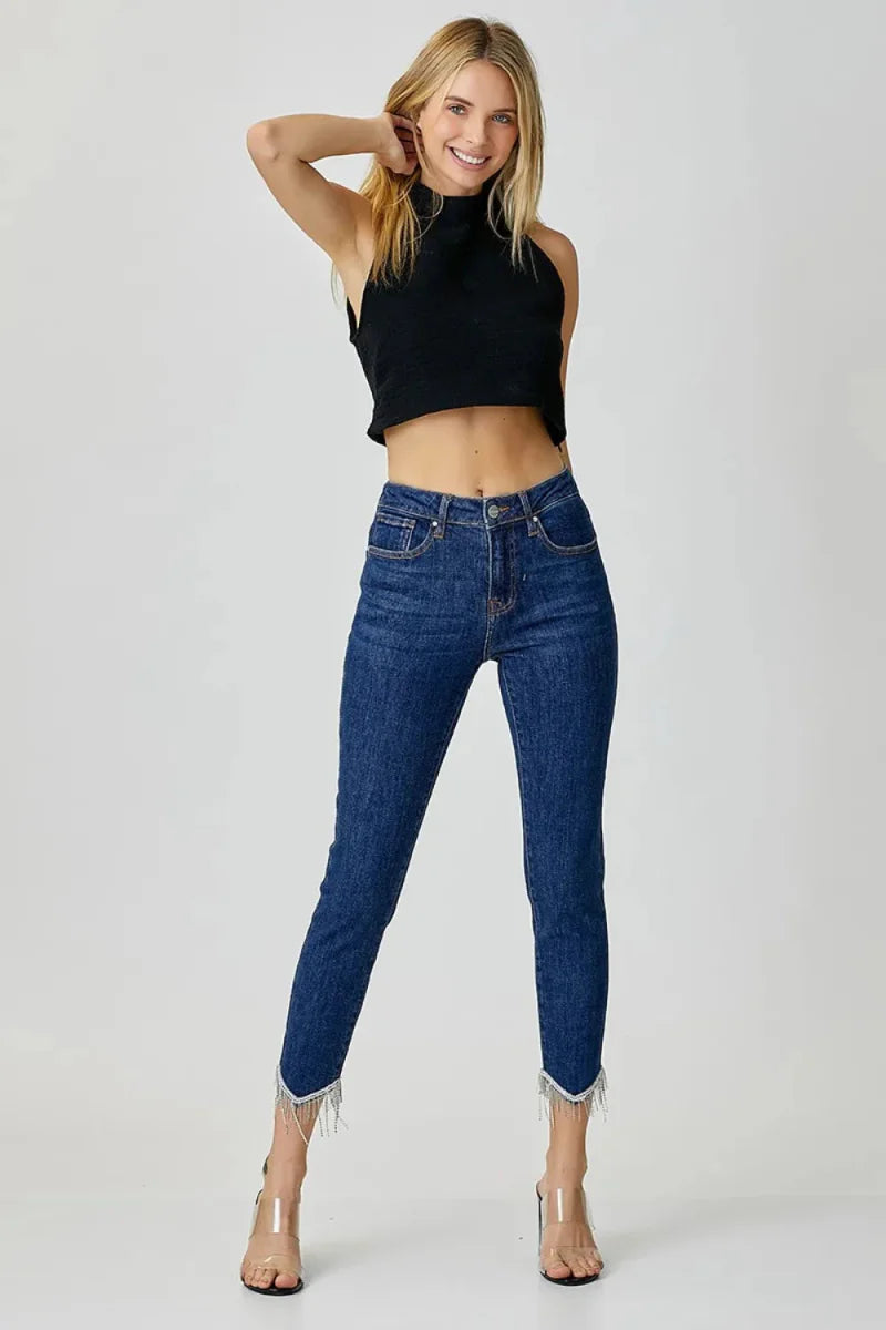 RISEN Full Size Embellished Mid Rise Crop Skinny Jeans
