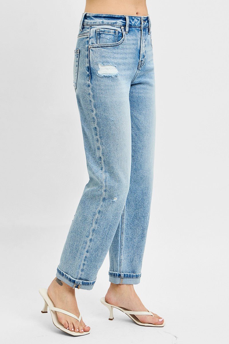 Premium RISEN Full Size High Rise Ankle Boyfriend Distressed Jeans Plus Size