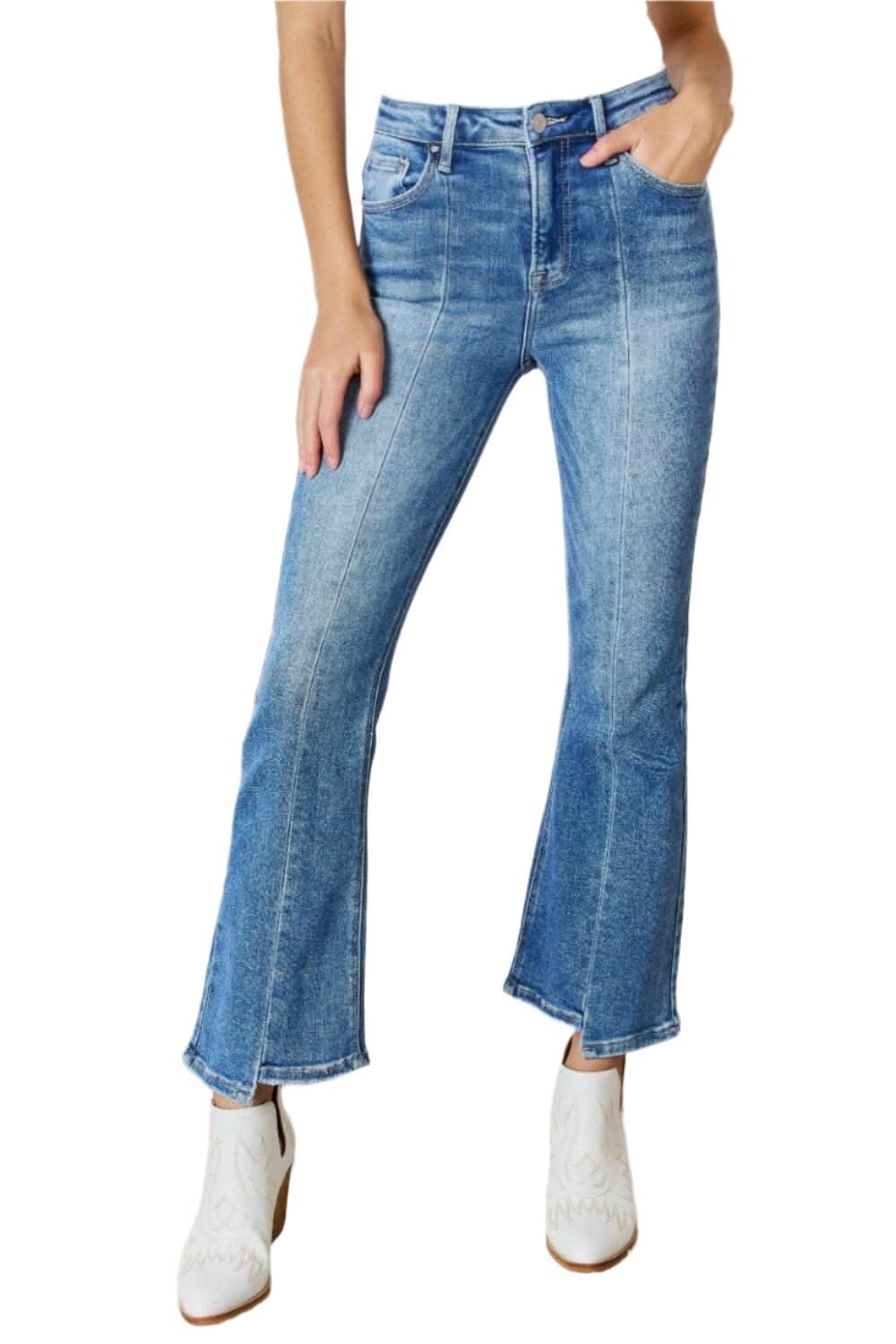 Premium Elevate Full Figure High Waist Ankle Flare Jeans: Curve-Enhancing Chic Denim