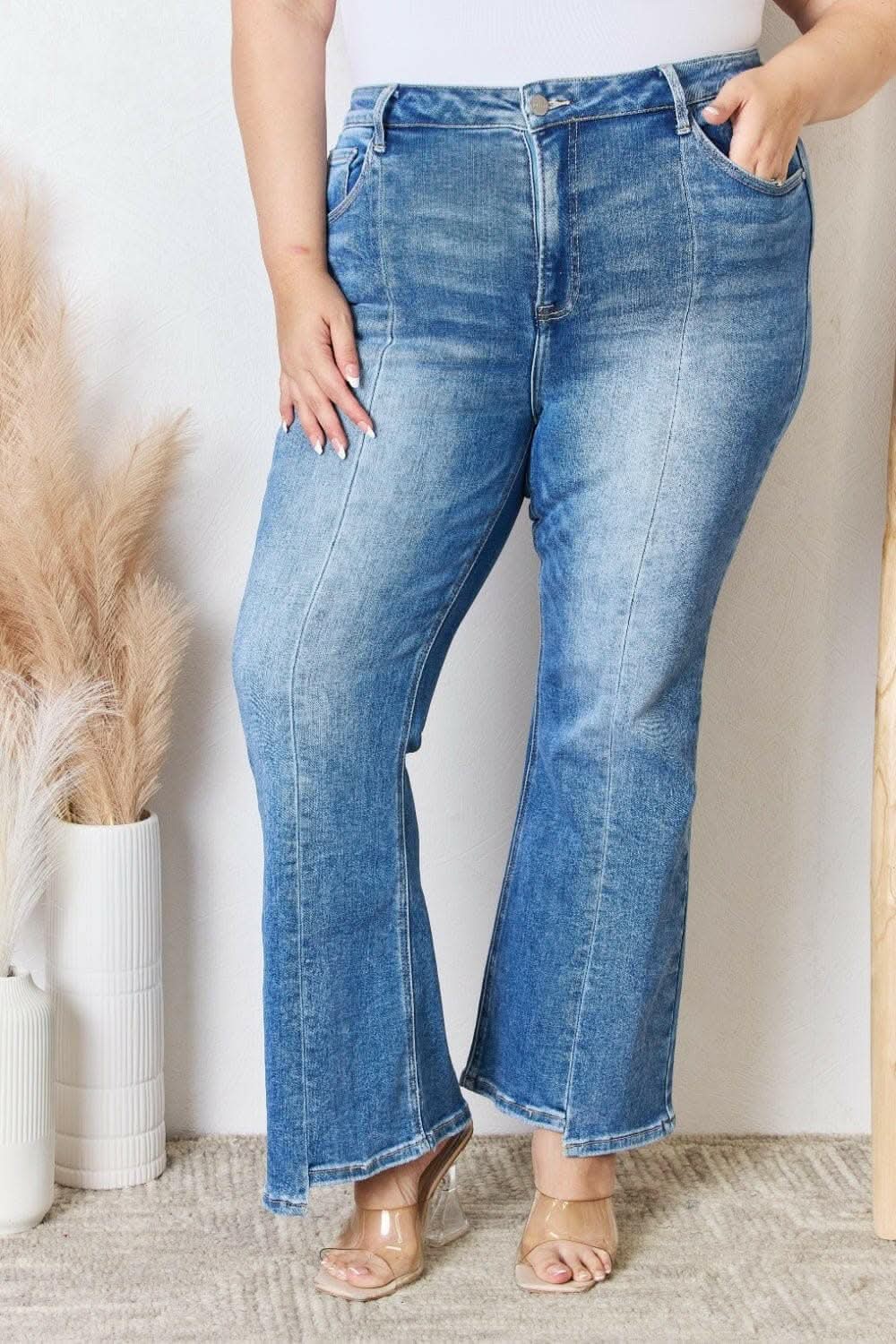 Premium Elevate Full Figure High Waist Ankle Flare Jeans: Curve-Enhancing Chic Denim