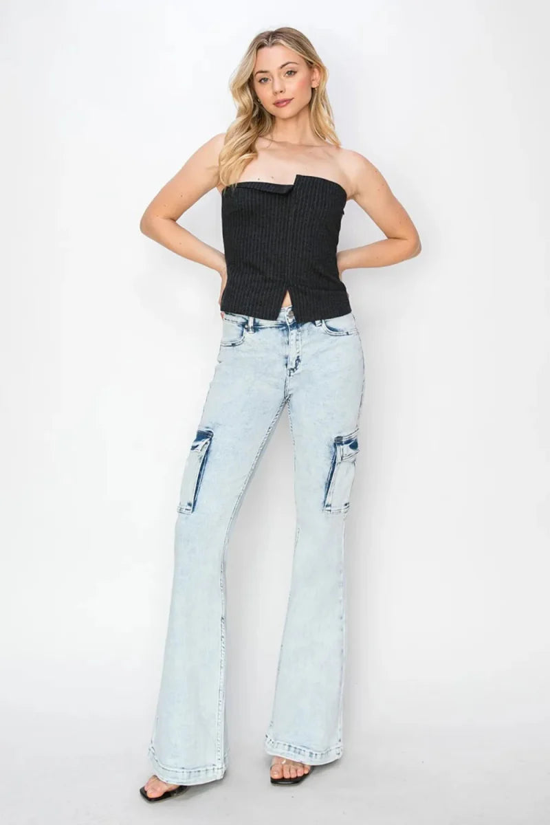RISEN Full Size High Rise Cargo Flare Jeans for Women