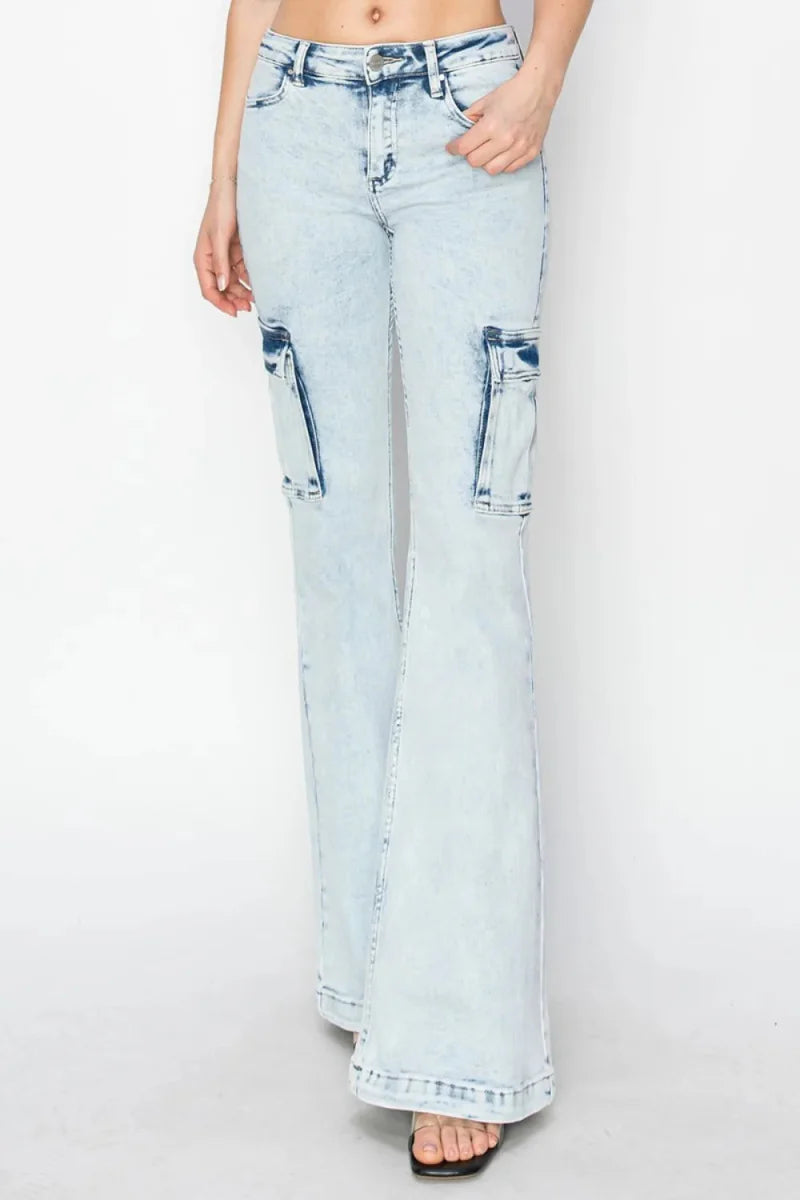 RISEN Full Size High Rise Cargo Flare Jeans for Women
