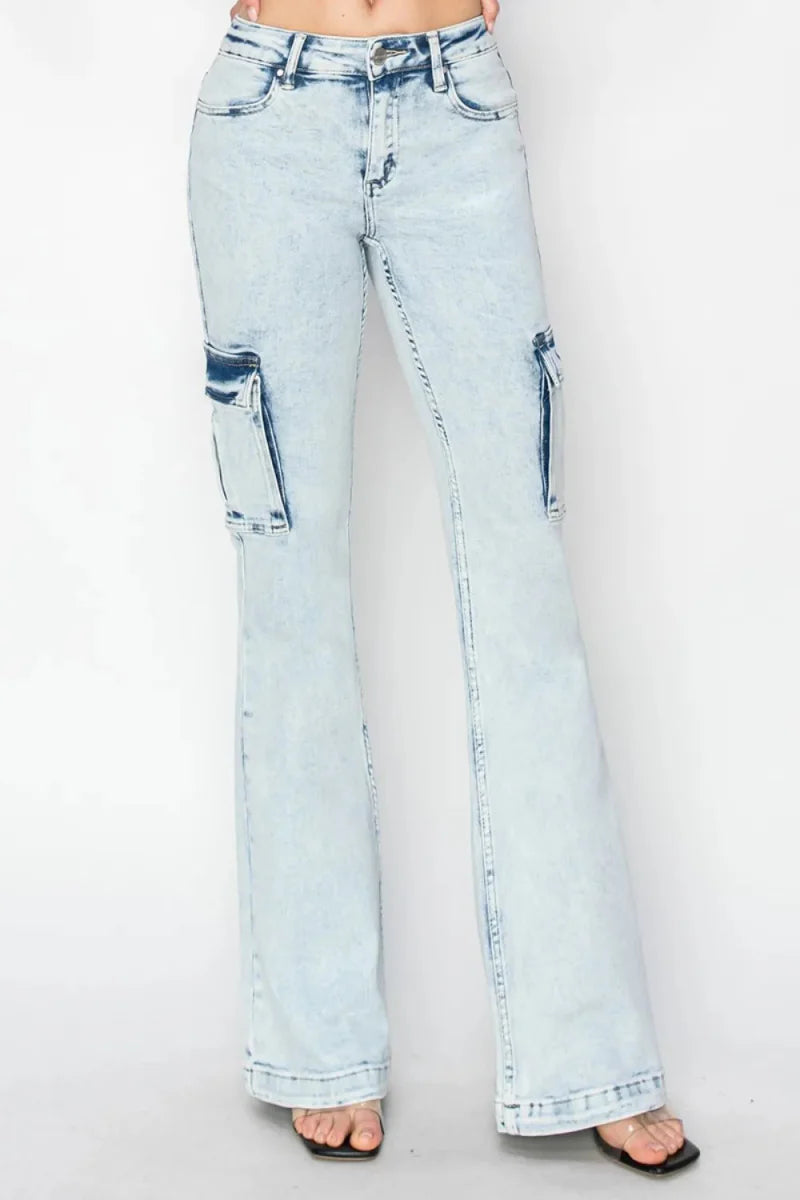 RISEN Full Size High Rise Cargo Flare Jeans for Women
