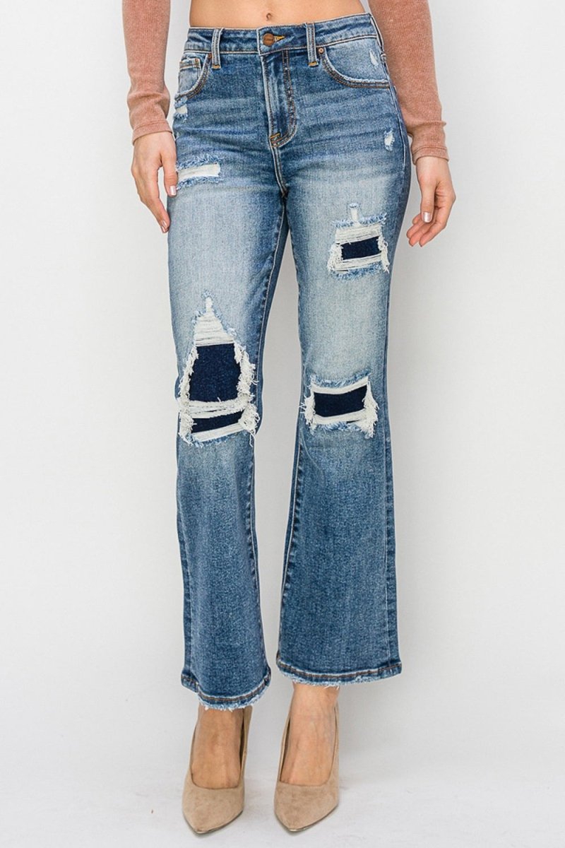 Premium Risen Full Size High Rise Distressed Ankle Flare Jeans