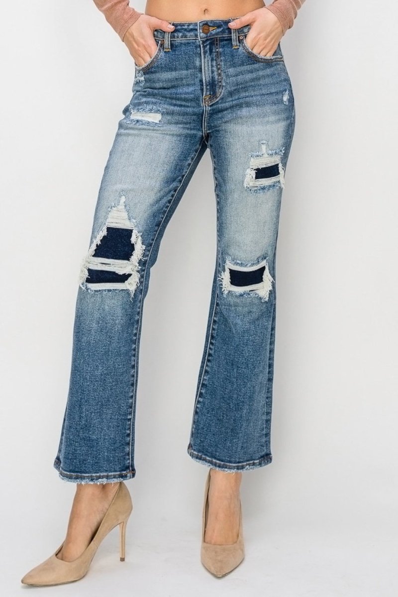 Premium Risen Full Size High Rise Distressed Ankle Flare Jeans
