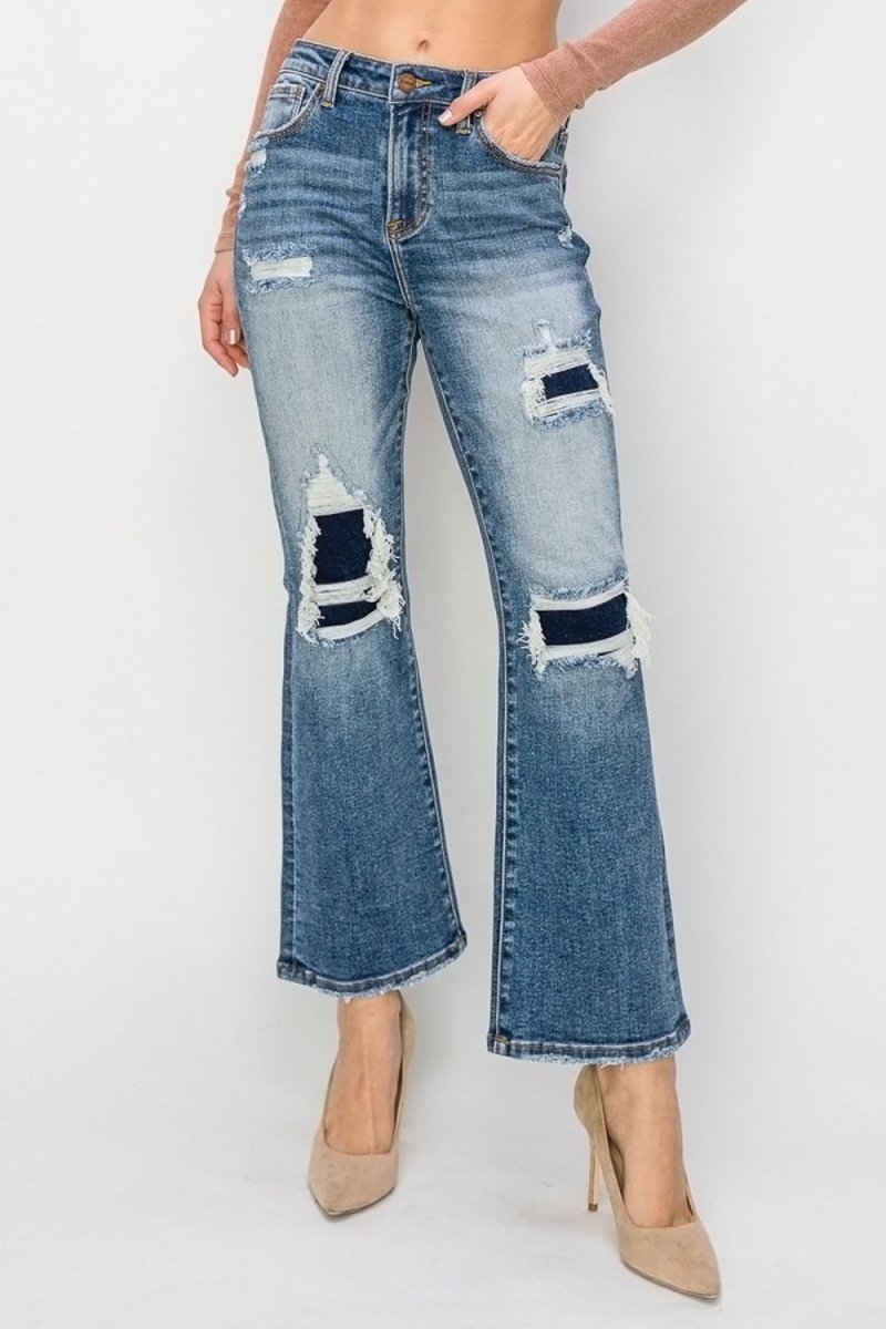 Premium Risen Full Size High Rise Distressed Ankle Flare Jeans